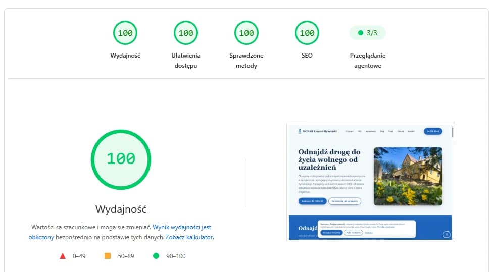 Raport Google PageSpeed Insights dla monarkamien.pl na komputerze: 100 we wszystkich czterech kategoriach
