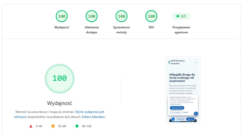 Raport Google PageSpeed Insights dla monarkamien.pl na telefonie: 100 we wszystkich czterech kategoriach