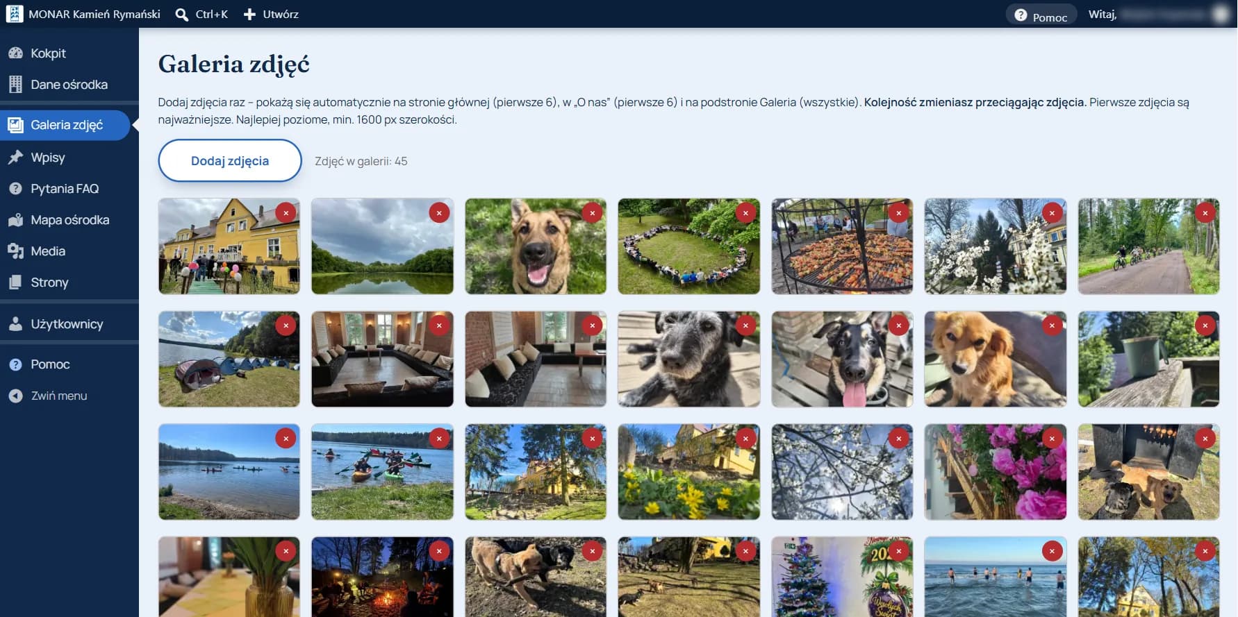 Ekran „Galeria zdjęć” w panelu: przycisk „Dodaj zdjęcia”, licznik 45 zdjęć i siatka miniatur