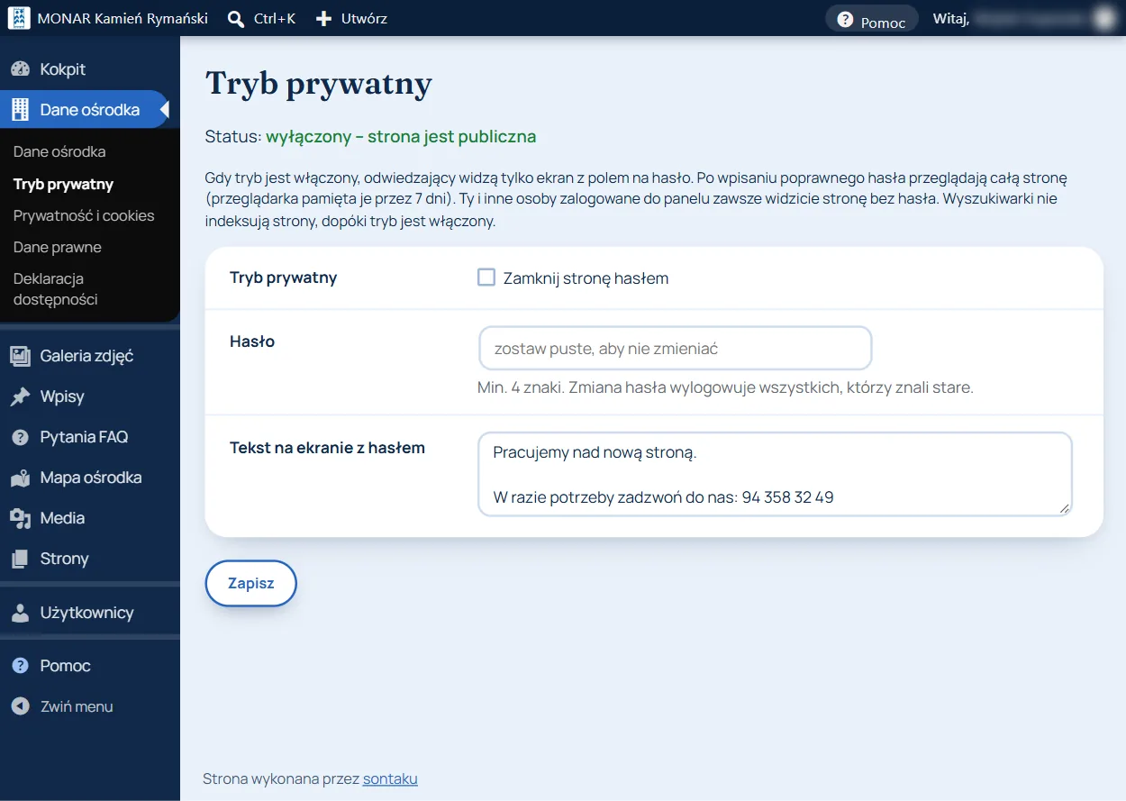 Ekran „Tryb prywatny” z przełącznikiem, polem na hasło i tekstem komunikatu