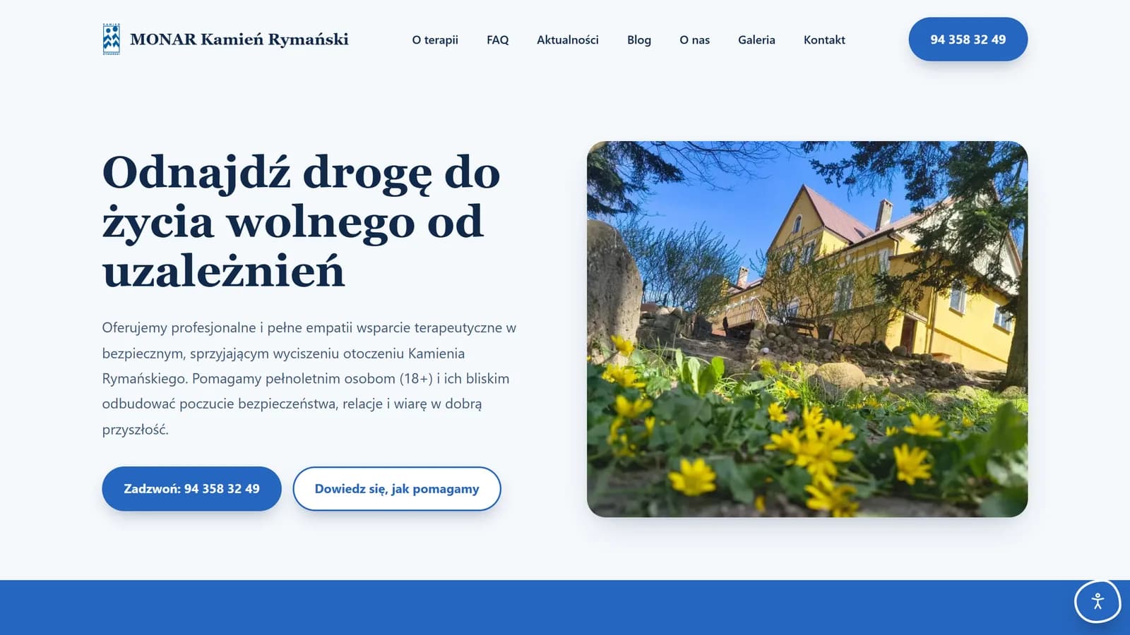 Nowa strona monarkamien.pl: hasło „Odnajdź drogę do życia wolnego od uzależnień”, telefon i zdjęcie ośrodka