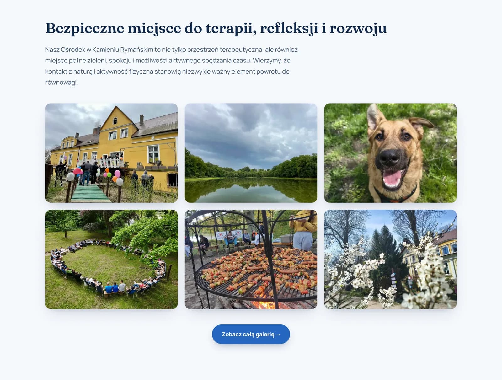 Sekcja „Bezpieczne miejsce do terapii, refleksji i rozwoju” z sześcioma zdjęciami ośrodka