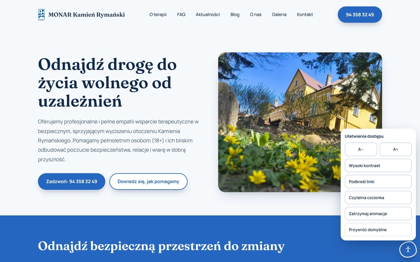 Pierwszy ekran strony MONAR z otwartym panelem „Ułatwienia dostępu”: A−, A+, wysoki kontrast, podkreśl linki, czytelna czcionka, zatrzymaj animacje