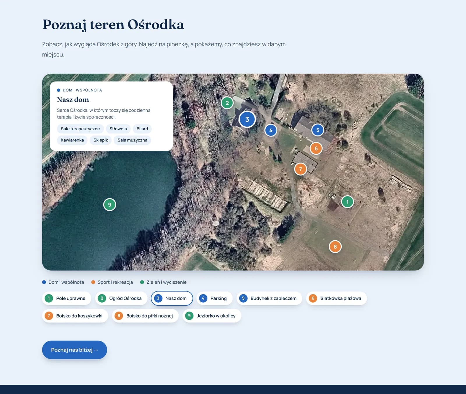 Interaktywna mapa terenu ośrodka z ponumerowanymi pinezkami i opisem budynku „Nasz dom”