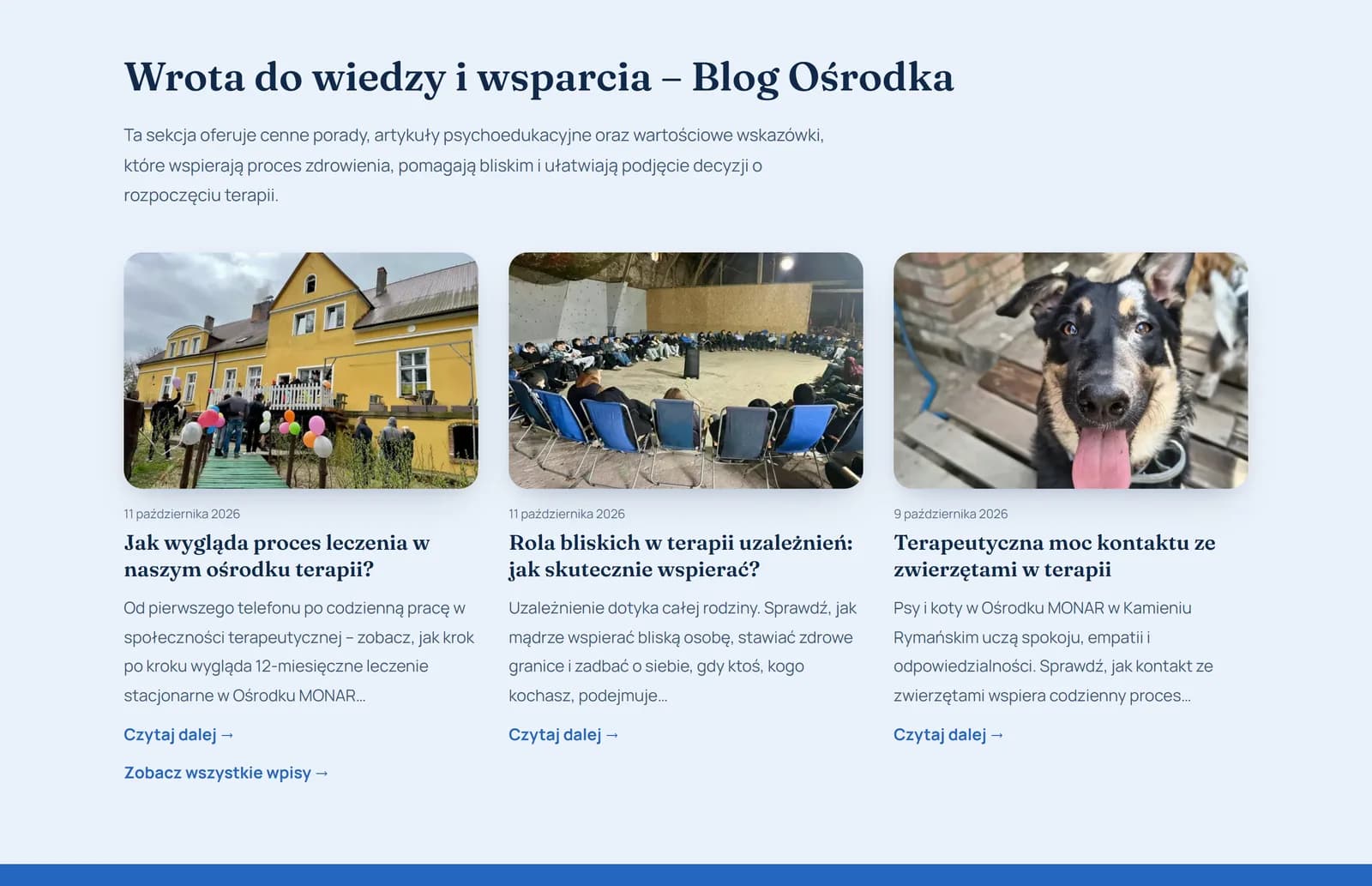 Sekcja „Wrota do wiedzy i wsparcia – Blog Ośrodka” z trzema artykułami