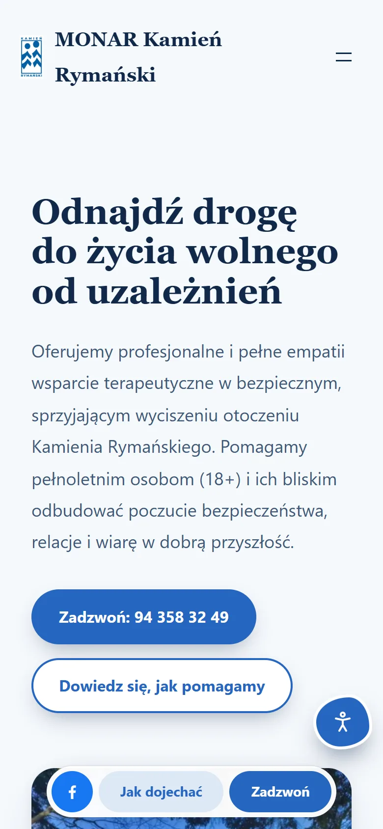 Strona MONAR na telefonie: pierwszy ekran z telefonem do ośrodka