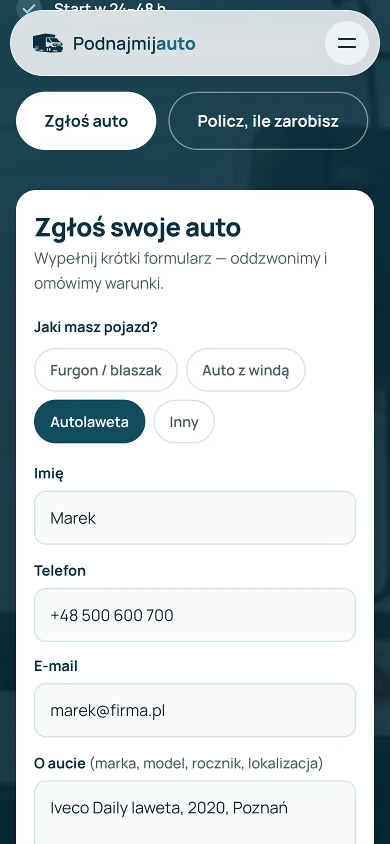 Formularz zgłoszenia na telefonie