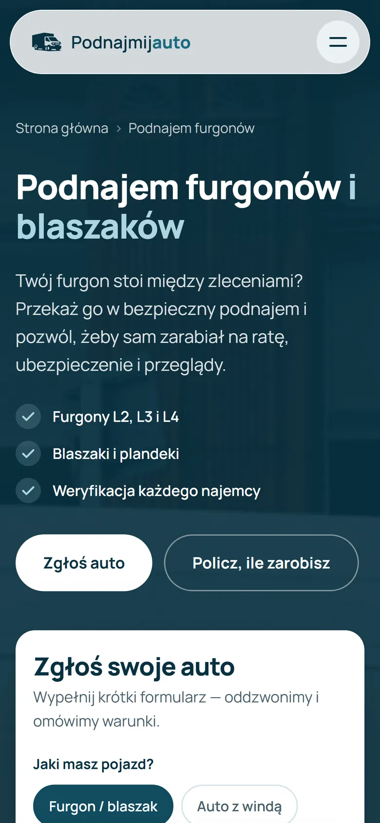 Podstrona furgonów na telefonie