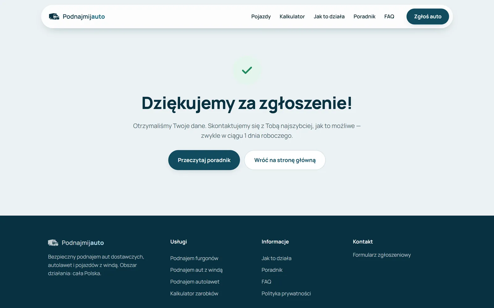 Strona „Dziękujemy za zgłoszenie!” z przyciskami do poradnika i strony głównej