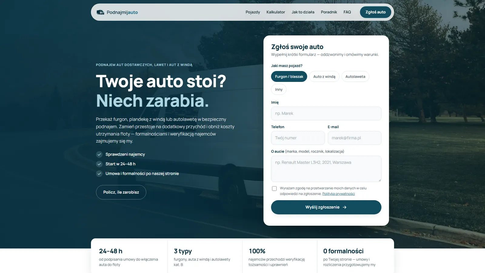Nowa strona podnajmijauto.pl: hasło „Twoje auto stoi? Niech zarabia.” i formularz zgłoszenia na pierwszym ekranie