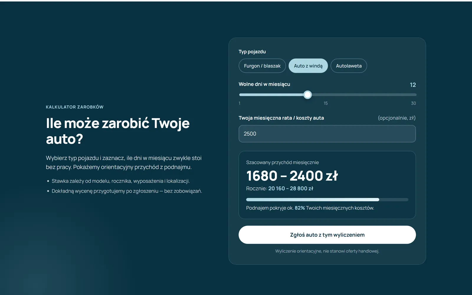 Kalkulator zarobków: typ auta, suwak wolnych dni w miesiącu i wynik 1680–2400 zł miesięcznie