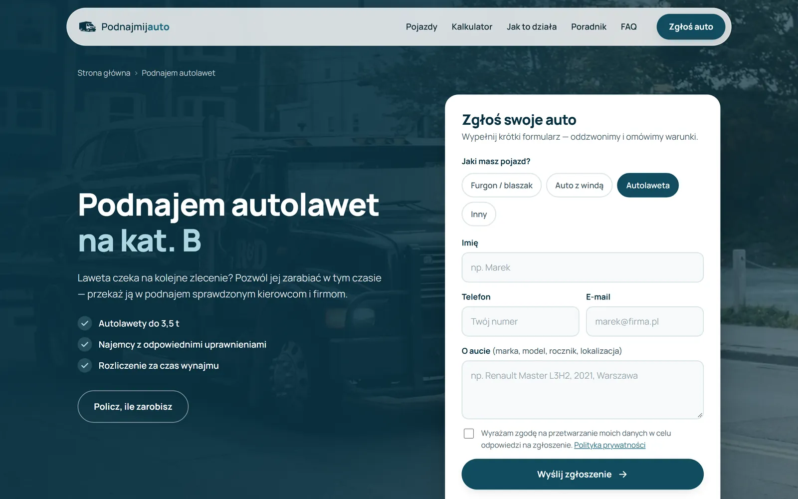 Podstrona „Podnajem autolawet na kat. B” z formularzem, w którym typ auta jest już zaznaczony