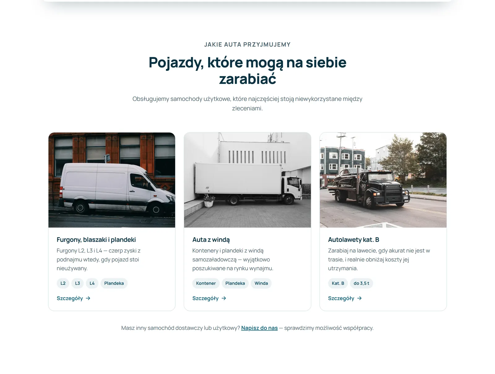 Sekcja „Pojazdy, które mogą na siebie zarabiać” ze zdjęciami furgonu, auta z windą i autolawety