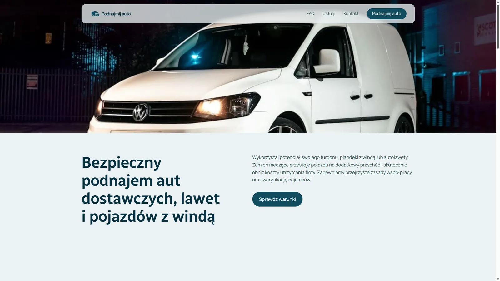 Stara strona podnajmijauto.pl: pierwszy ekran ze zdjęciem małego białego auta i przyciskiem „Sprawdź warunki”