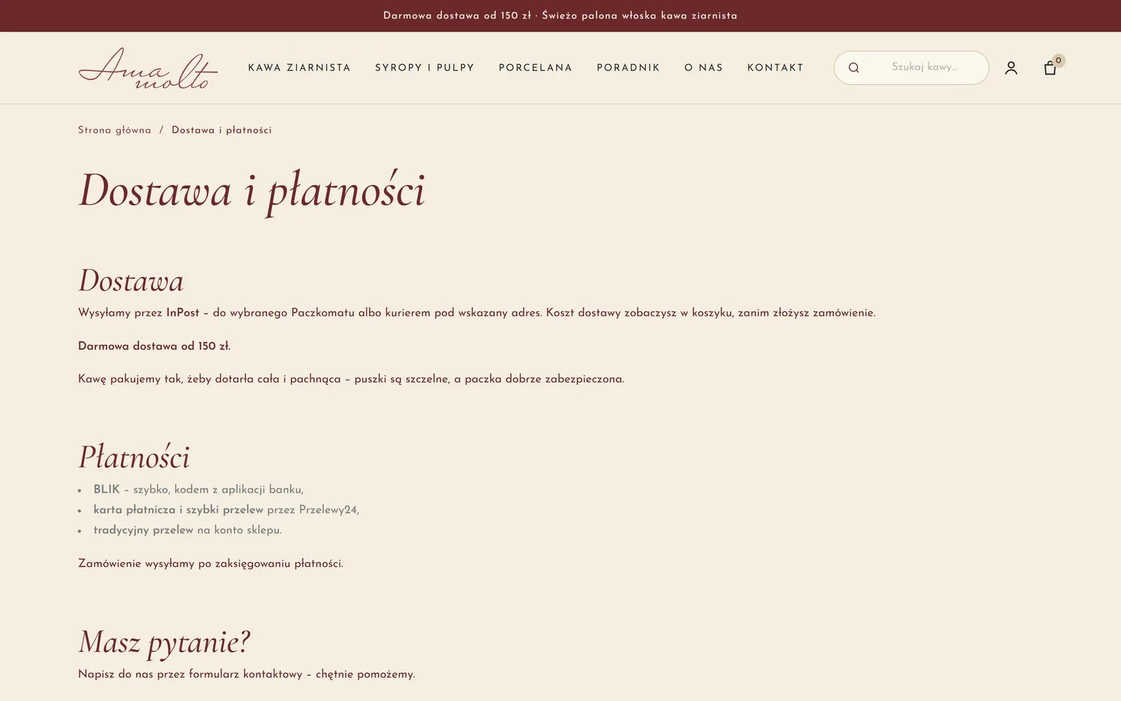 Podstrona „Dostawa i płatności”: wysyłka InPost, darmowa dostawa od 150 zł i lista metod płatności