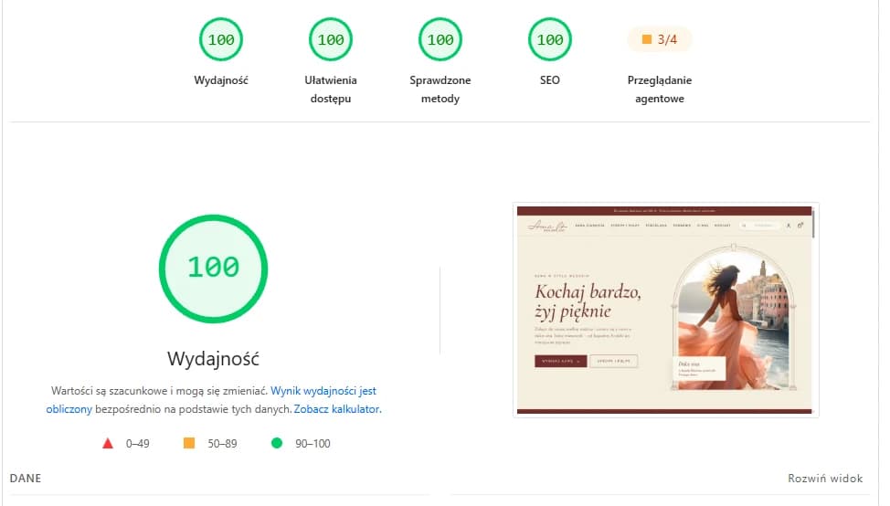 Raport Google PageSpeed Insights dla kawa-amamolto.pl na komputerze: 100 we wszystkich czterech kategoriach