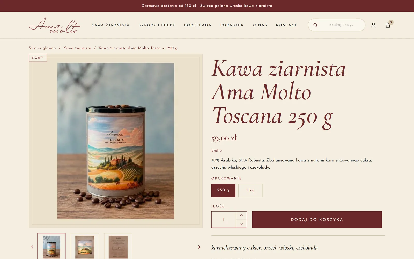 Karta produktu „Kawa ziarnista Ama Molto Toscana 250 g”: zdjęcie puszki, cena 59 zł, wybór opakowania 250 g lub 1 kg i przycisk „Dodaj do koszyka”