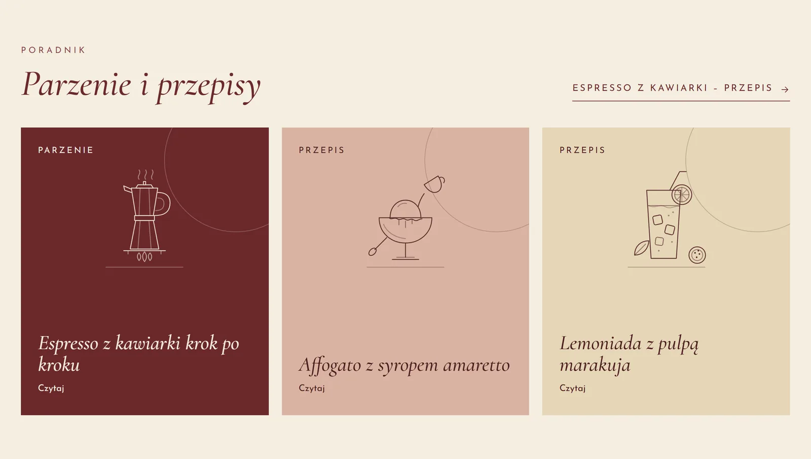 Sekcja „Parzenie i przepisy” z trzema przepisami: espresso z kawiarki, affogato z syropem amaretto, lemoniada z pulpą z marakui