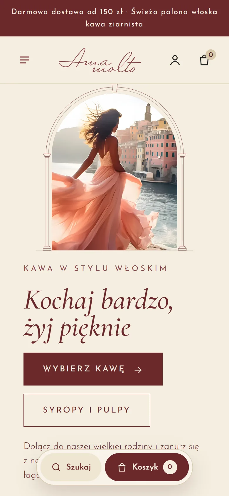 Sklep Ama Molto na telefonie: pierwszy ekran z hasłem i przyciskami