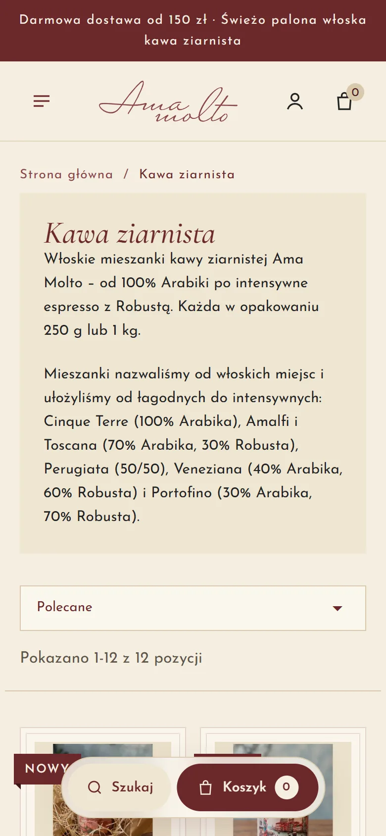 Kategoria „Kawa ziarnista” na telefonie z opisem mieszanek